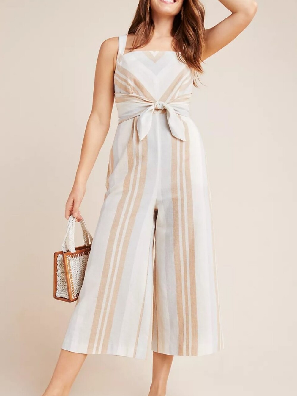 By Anthropologie Savannah Striped Jumpsuit Cotton Linen Crop Wide Leg Neutral 8